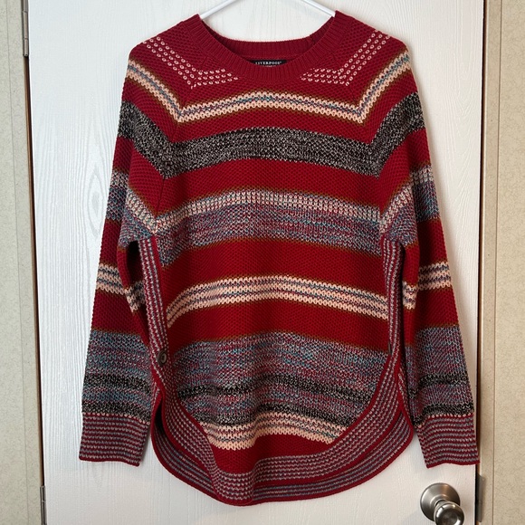 LIVERPOOL Red Striped Raglan Sleeve Sweater with Rounded Hem - Picture 2 of 8